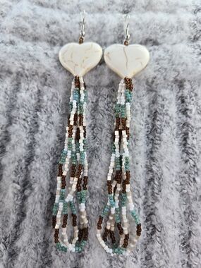 Beaded Heart Shell Drop Earrings in White, Brown & Turquoise